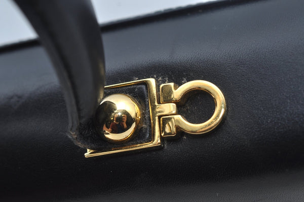 Authentic Salvatore Ferragamo Gancini Leather 2 Way Shoulder Hand Bag Black L0274