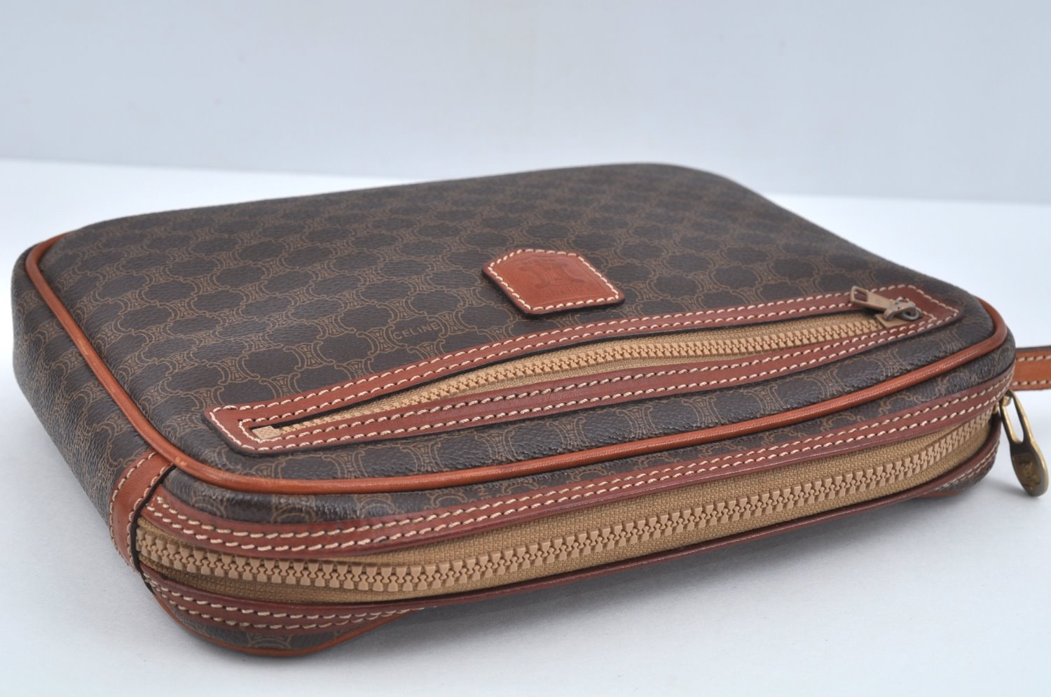 Authentic CELINE Macadam Blason Pattern Clutch Hand Bag PVC Leather Brown L0275
