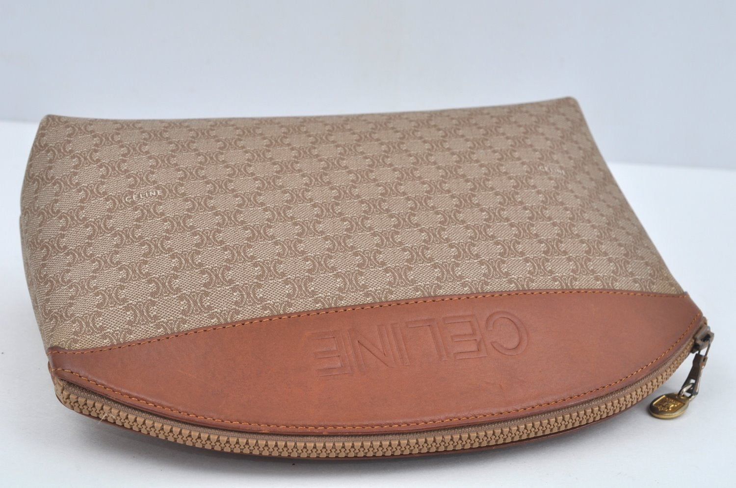 Authentic CELINE Macadam Blason Pattern Clutch Hand Bag PVC Leather Brown L0276