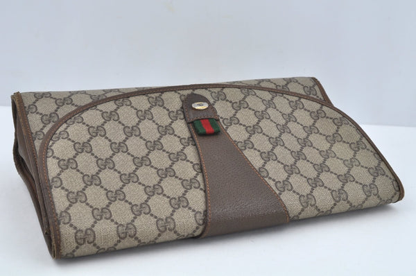 Authentic GUCCI Web Sherry Line GG Clutch Bag PVC Leather Brown L0279