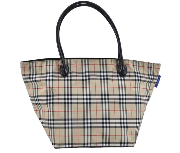 Authentic BURBERRY BLUE LABEL Check Shoulder Tote Bag Nylon Leather Beige L0288