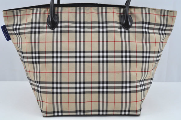 Authentic BURBERRY BLUE LABEL Check Shoulder Tote Bag Nylon Leather Beige L0288