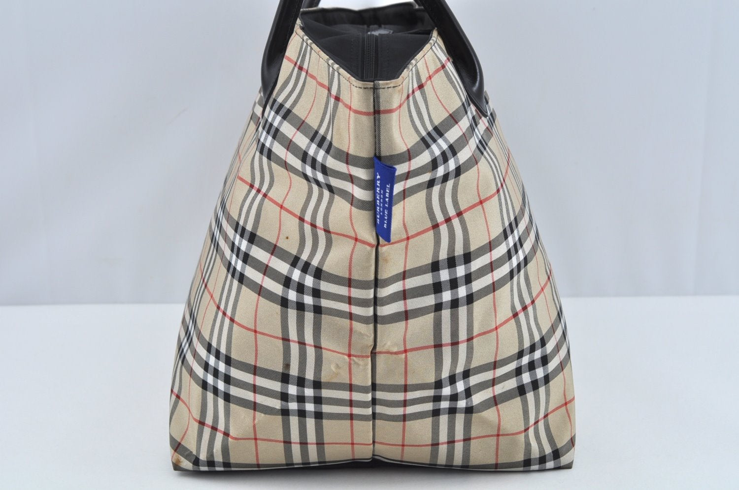 Authentic BURBERRY BLUE LABEL Check Shoulder Tote Bag Nylon Leather Beige L0288