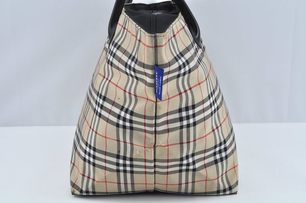 Authentic BURBERRY BLUE LABEL Check Shoulder Tote Bag Nylon Leather Beige L0288