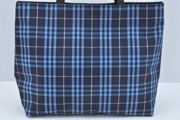 Authentic BURBERRY Check Hand Bag Nylon Leather Blue Navy L0289