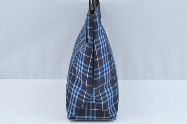 Authentic BURBERRY Check Hand Bag Nylon Leather Blue Navy L0289