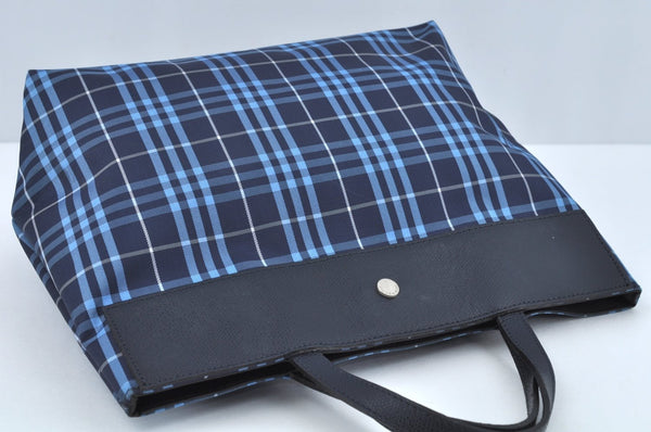 Authentic BURBERRY Check Hand Bag Nylon Leather Blue Navy L0289