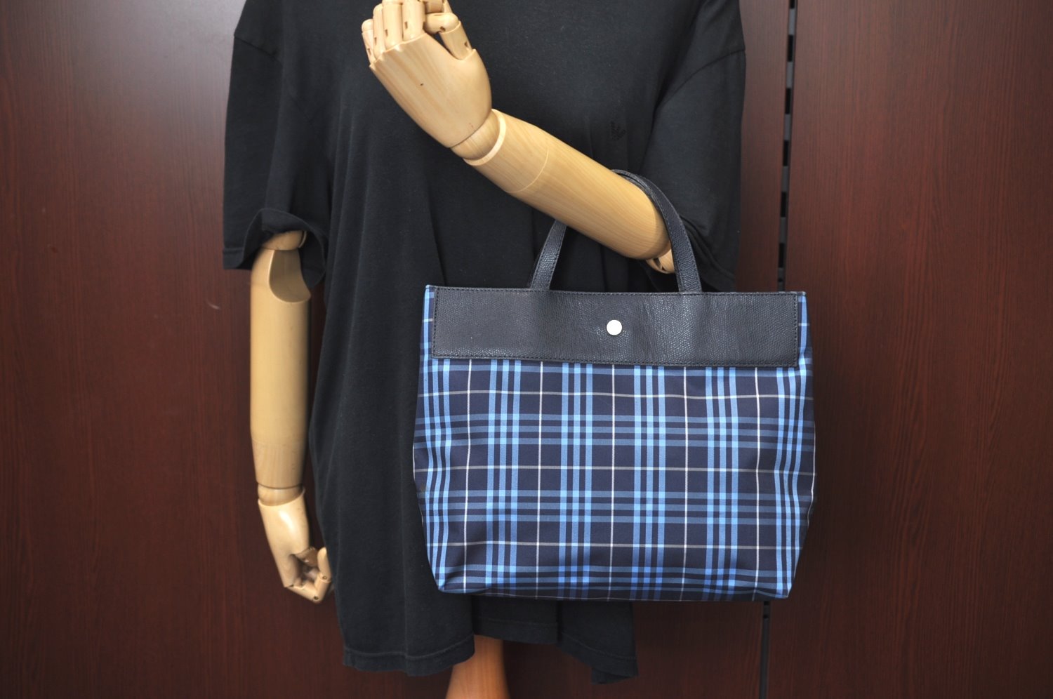 Authentic BURBERRY Check Hand Bag Nylon Leather Blue Navy L0289