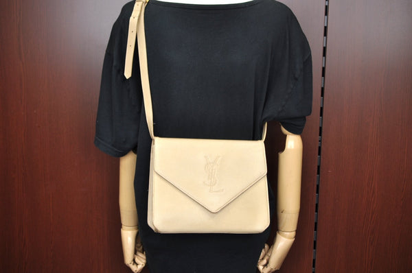 Authentic YVES SAINT LAURENT Shoulder Cross Bag Leather Beige L0291