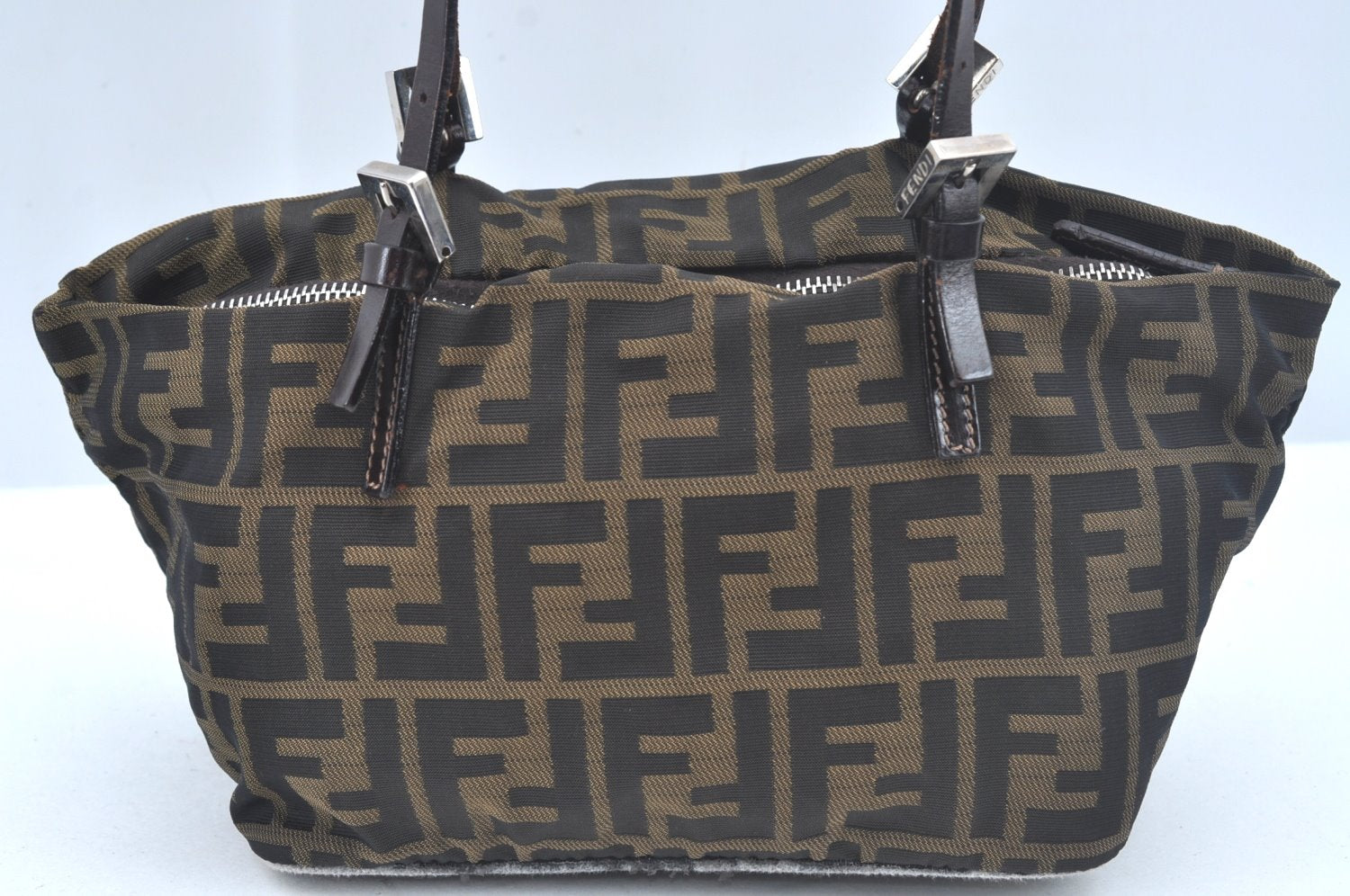 Authentic FENDI Zucca Hand Bag Purse Nylon Leather Brown L0324