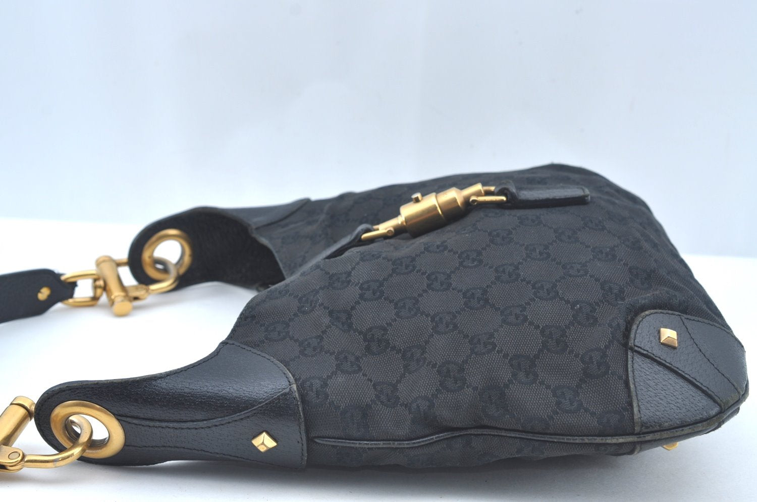 Auth GUCCI New Jackie Shoulder Hand Bag GG Canvas Leather 120888 Black L0343