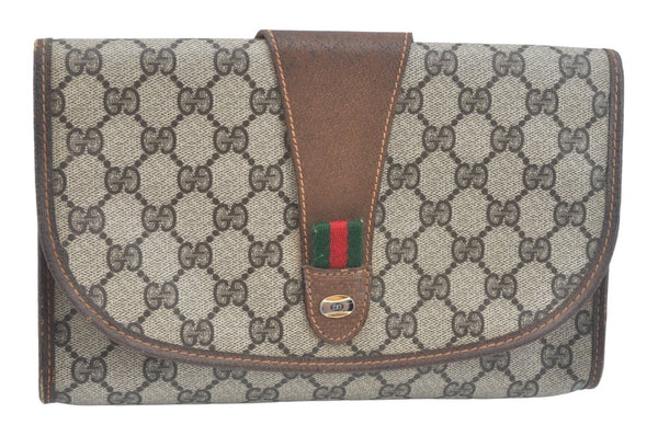 Auth GUCCI Web Sherry Line Clutch Hand Bag Purse GG PVC Leather Brown Junk L0346