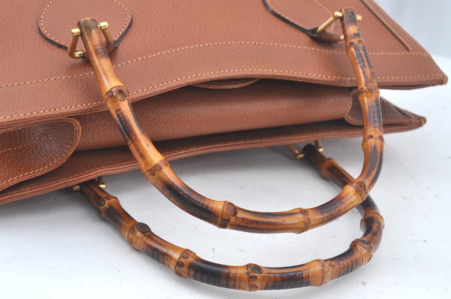Authentic GUCCI Bamboo Hand Bag Leather Brown Junk L0350