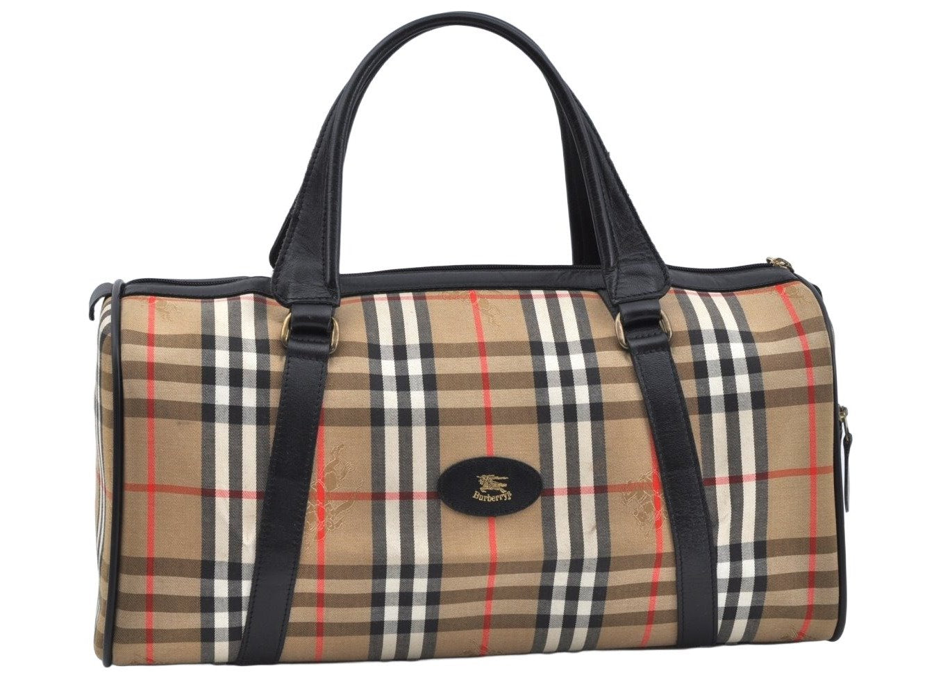 Authentic Burberrys Nova Check Canvas Leather Hand Boston Bag Beige L0386