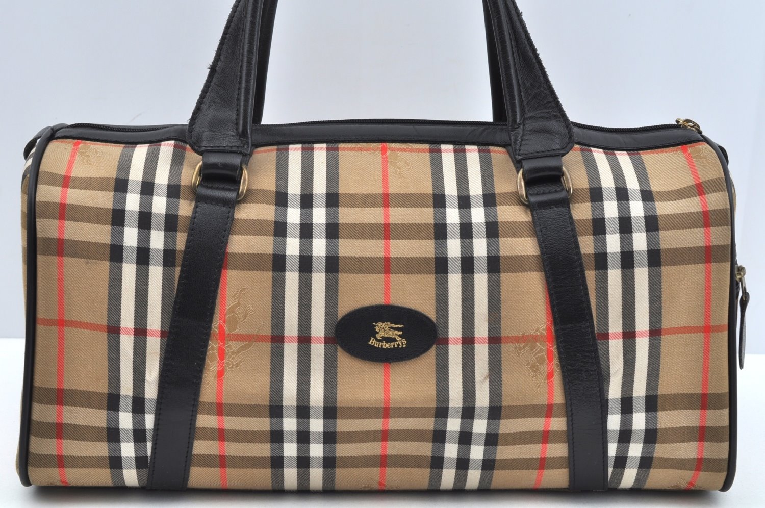 Authentic Burberrys Nova Check Canvas Leather Hand Boston Bag Beige L0386