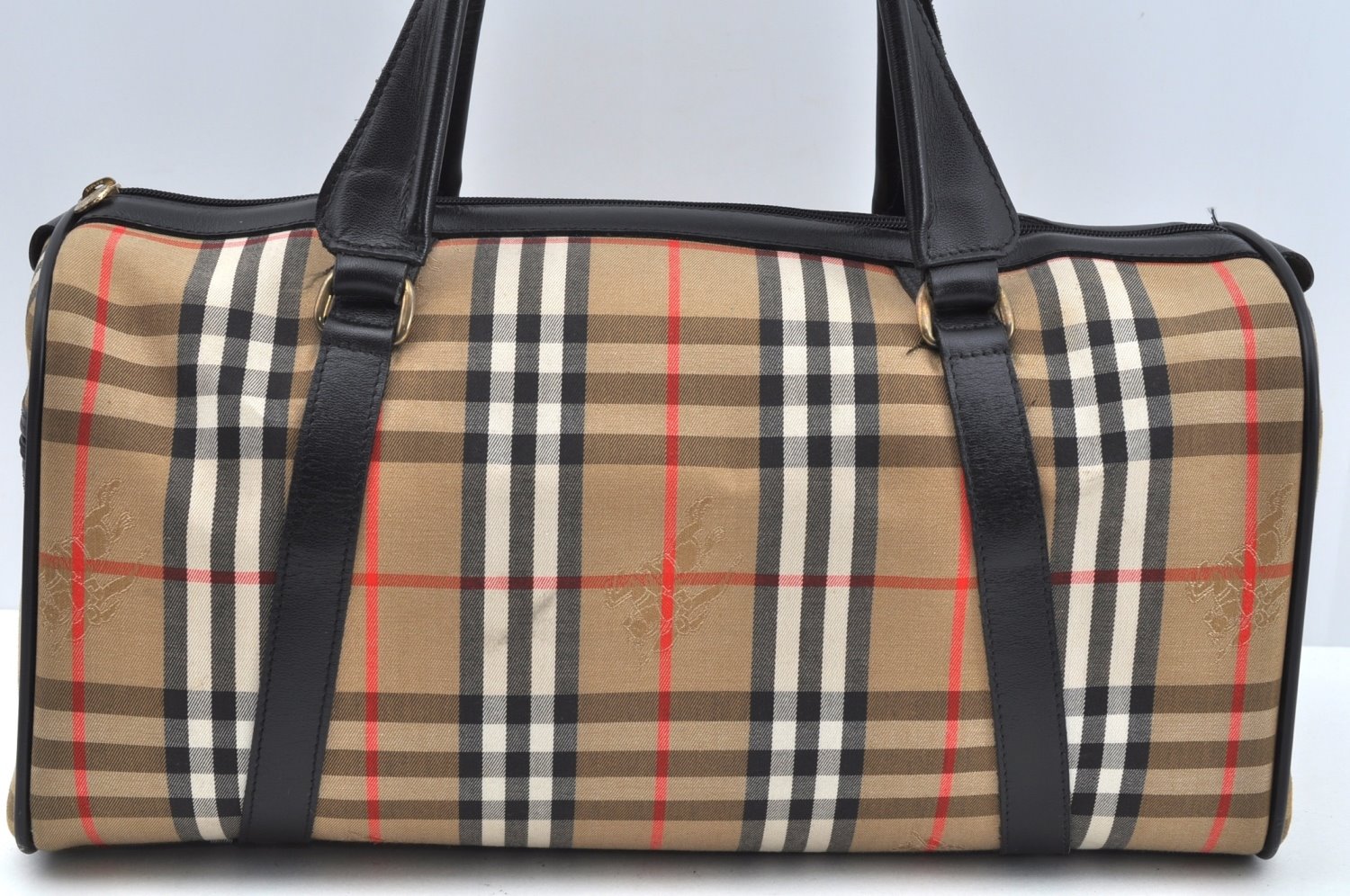 Authentic Burberrys Nova Check Canvas Leather Hand Boston Bag Beige L0386