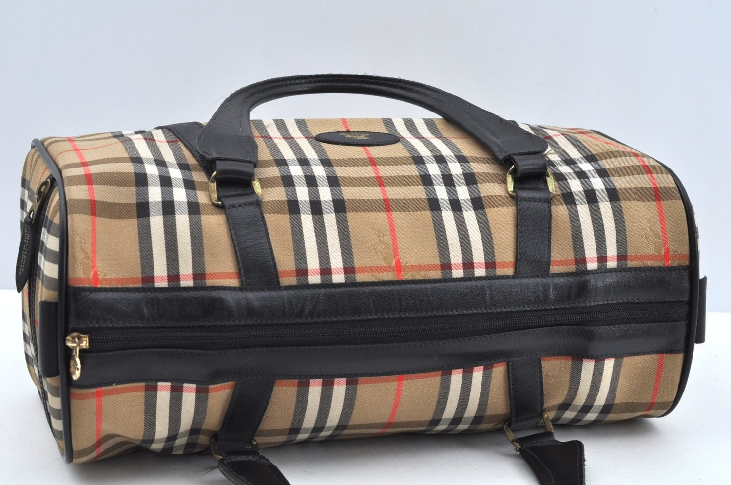 Authentic Burberrys Nova Check Canvas Leather Hand Boston Bag Beige L0386