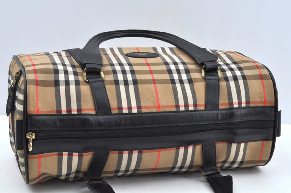 Authentic Burberrys Nova Check Canvas Leather Hand Boston Bag Beige L0386