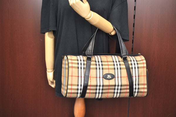 Authentic Burberrys Nova Check Canvas Leather Hand Boston Bag Beige L0386