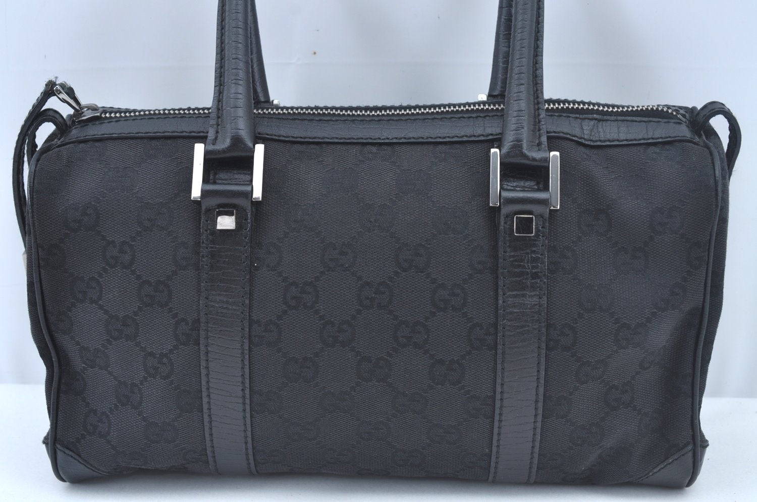 Authentic GUCCI Hand Bag Purse GG Canvas Leather Black L0387