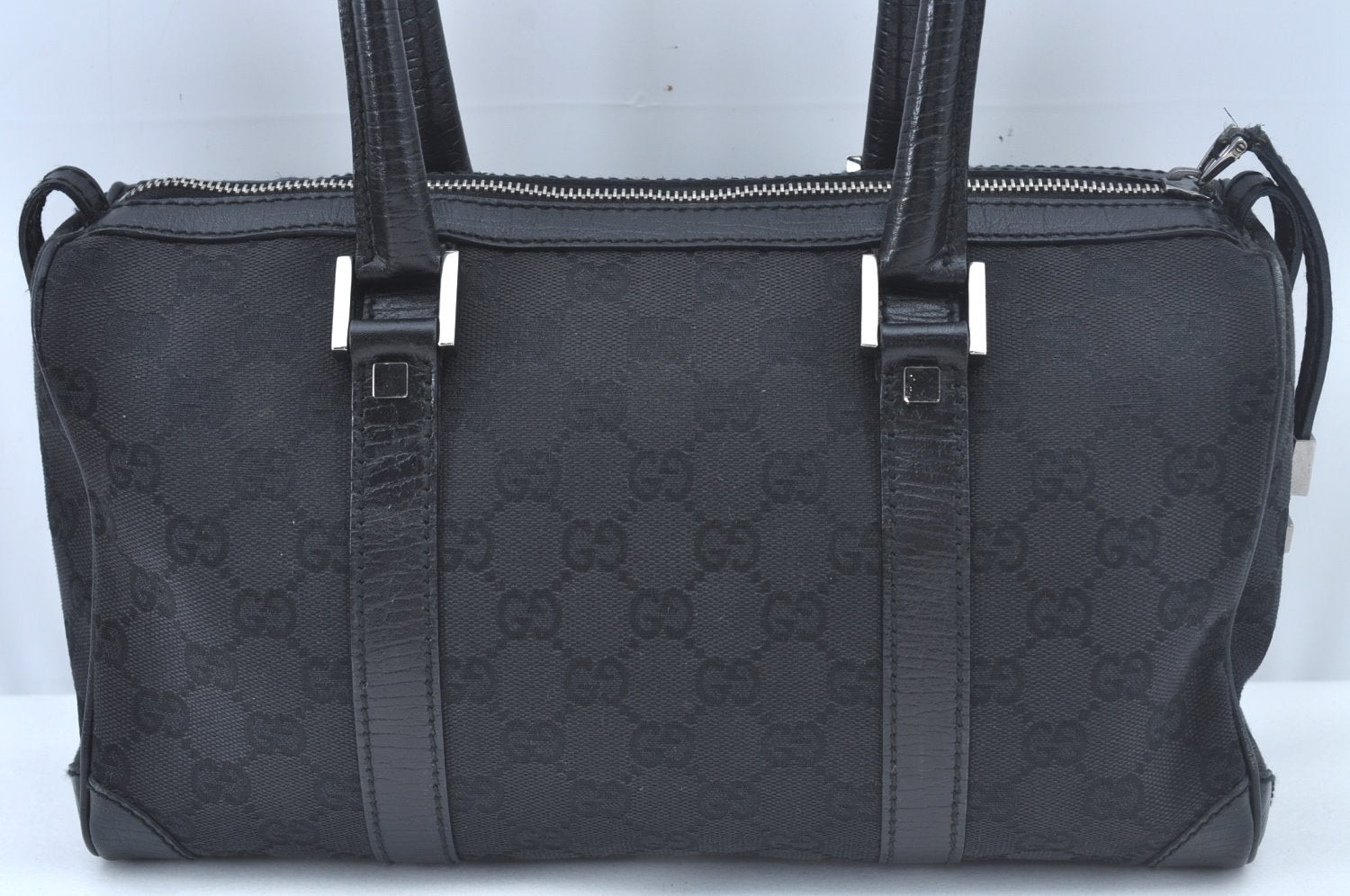 Authentic GUCCI Hand Bag Purse GG Canvas Leather Black L0387