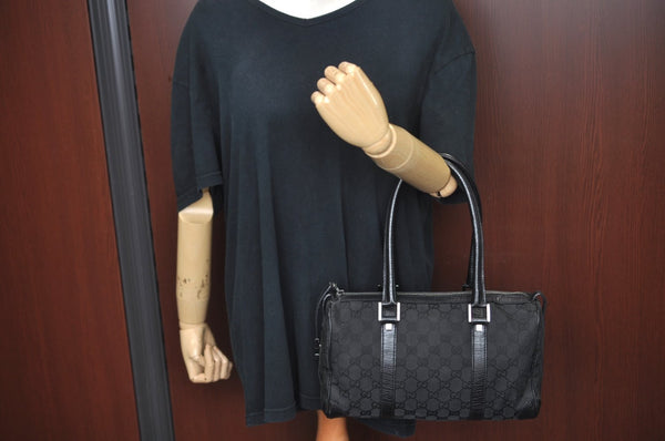 Authentic GUCCI Hand Bag Purse GG Canvas Leather Black L0387