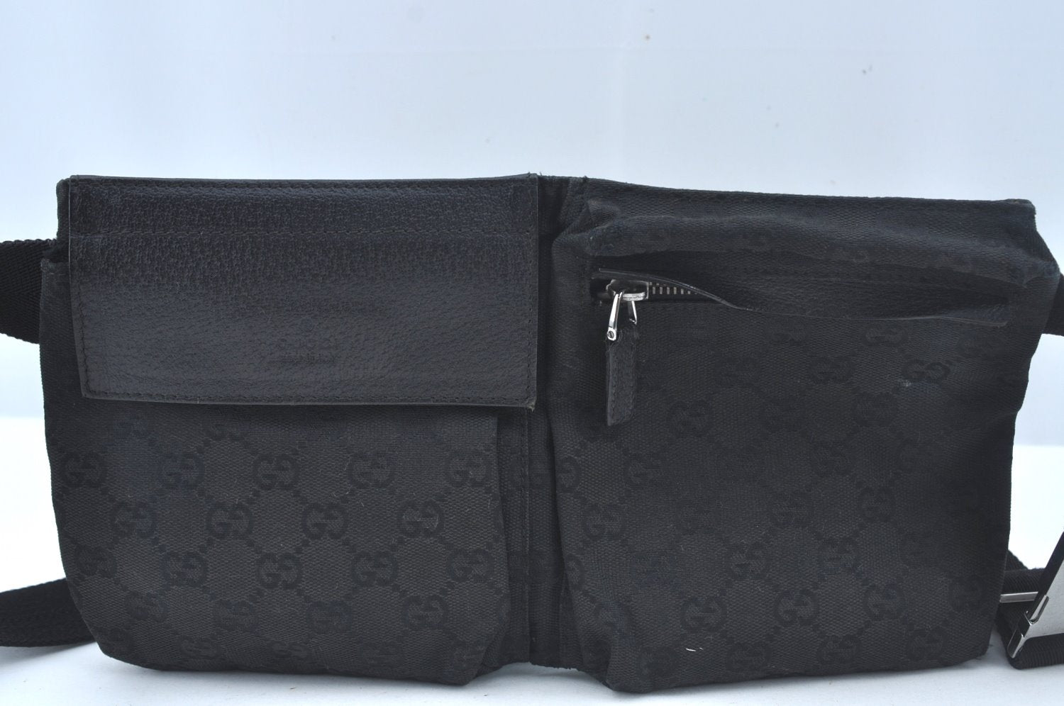 Authentic GUCCI Waist Body Bag Purse Canvas Leather Black L0391