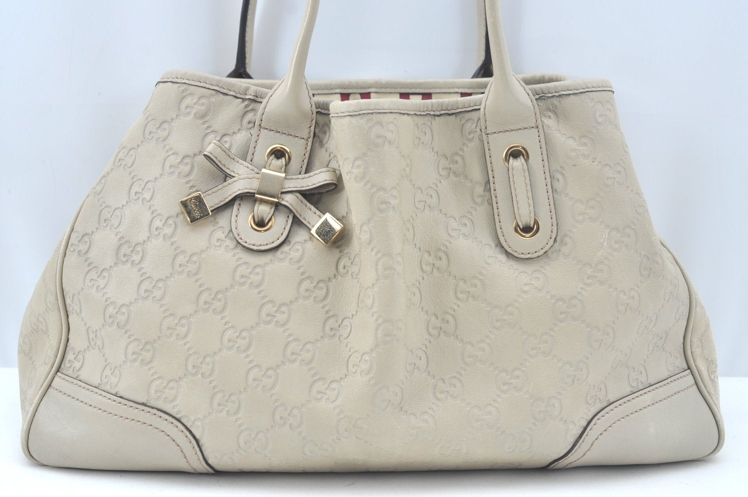 Auth GUCCI Guccissima Princy Ribbon Shoulder Tote Bag GG Leather White L0394