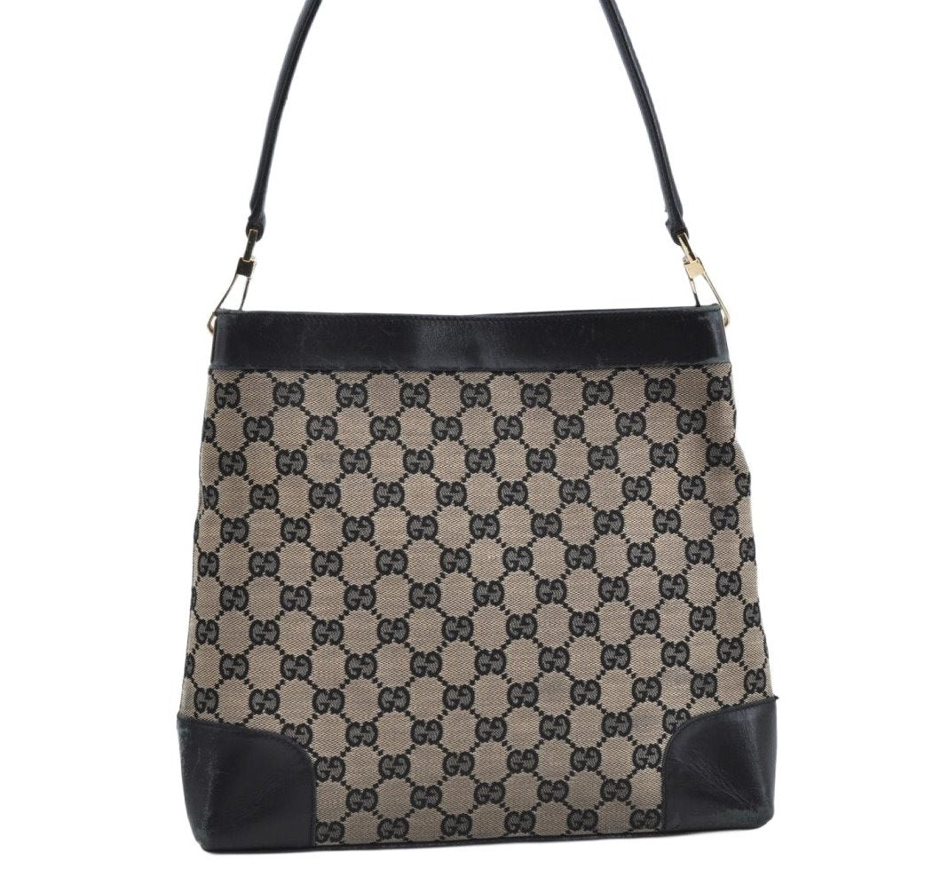 Authentic GUCCI Vintage Shoulder Tote Bag GG Canvas Leather Black L0399