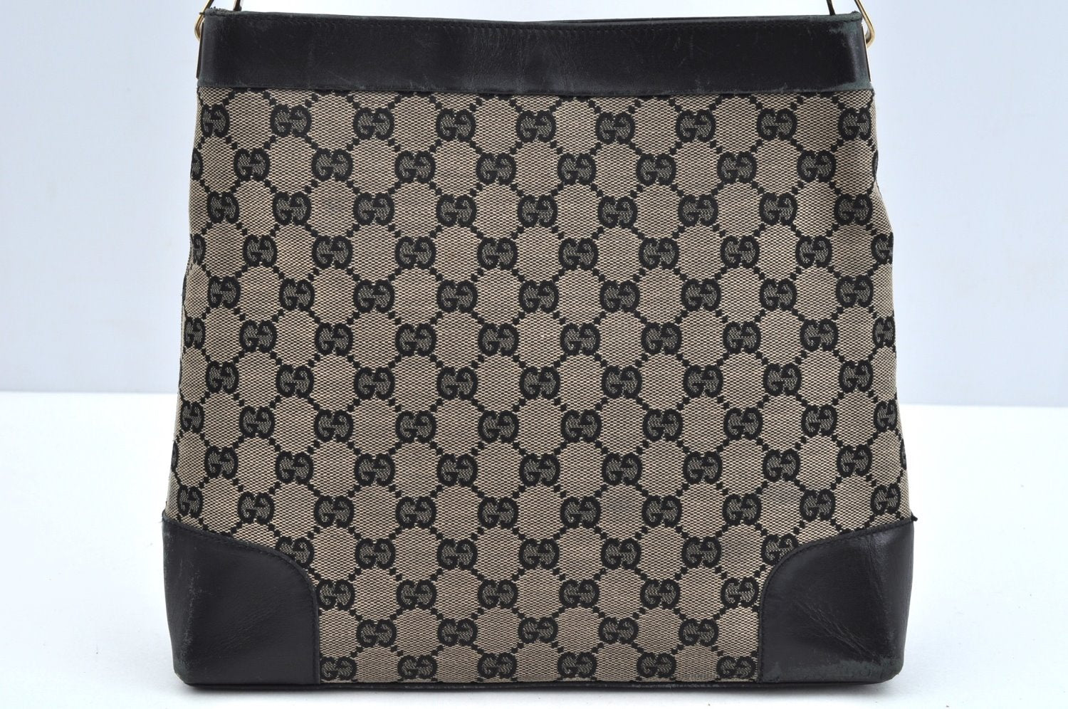 Authentic GUCCI Vintage Shoulder Tote Bag GG Canvas Leather Black L0399