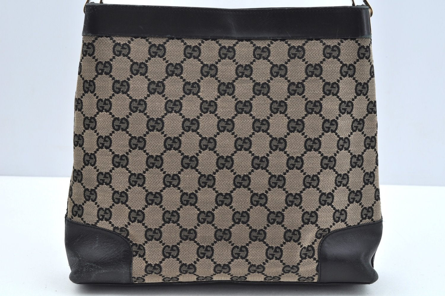 Authentic GUCCI Vintage Shoulder Tote Bag GG Canvas Leather Black L0399
