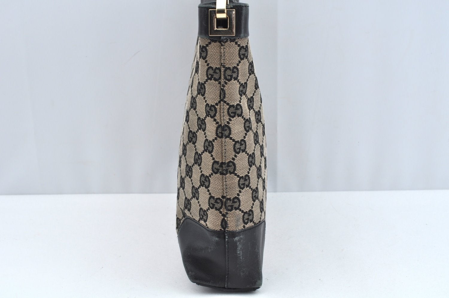 Authentic GUCCI Vintage Shoulder Tote Bag GG Canvas Leather Black L0399