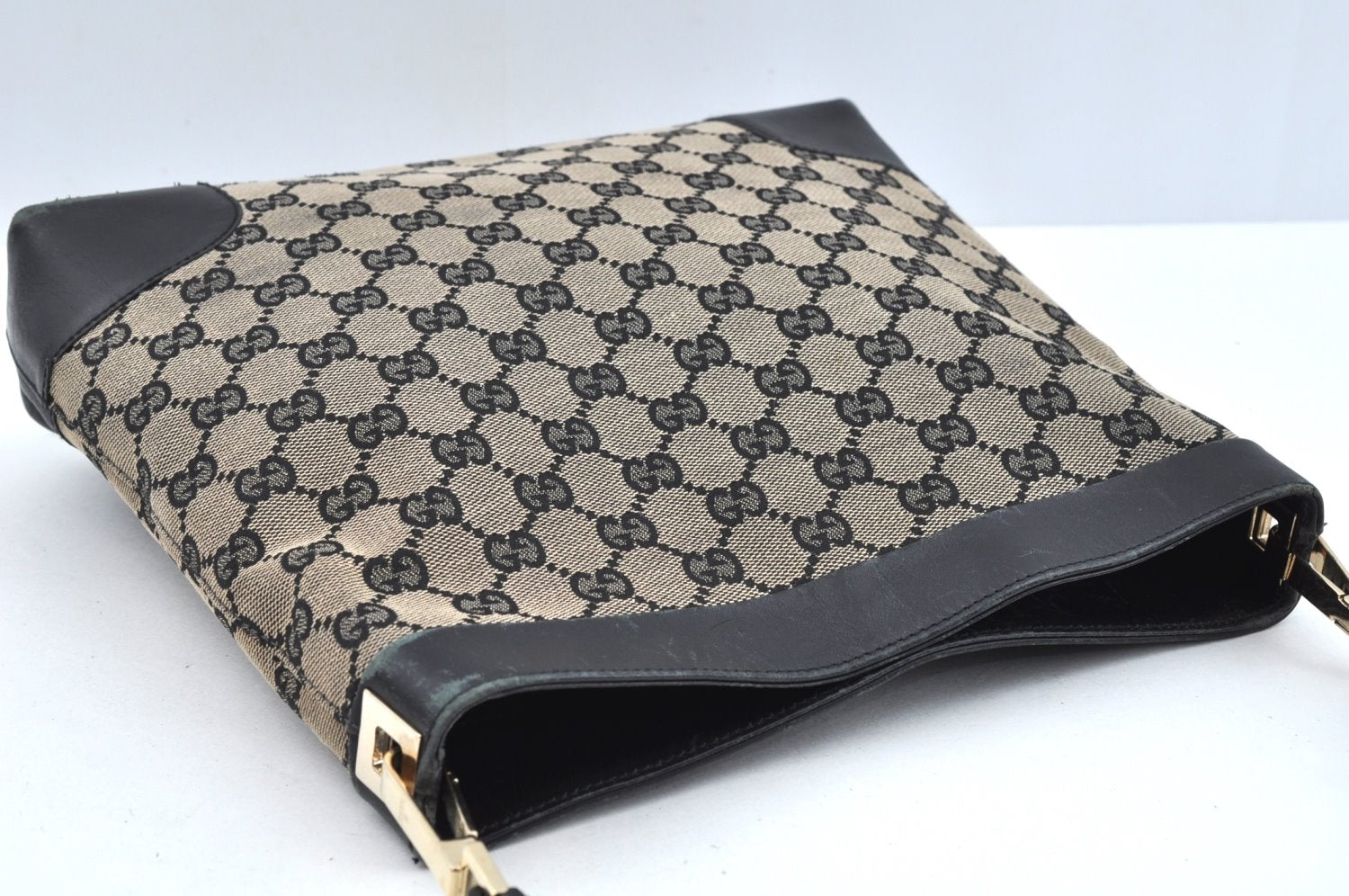 Authentic GUCCI Vintage Shoulder Tote Bag GG Canvas Leather Black L0399