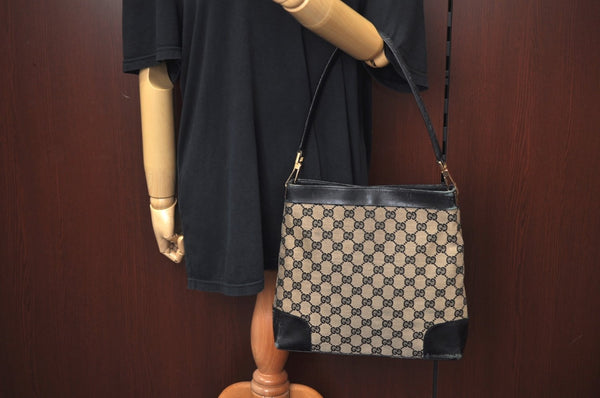 Authentic GUCCI Vintage Shoulder Tote Bag GG Canvas Leather Black L0399