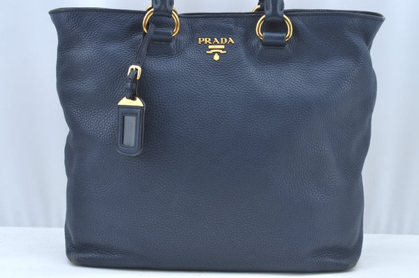 Authentic PRADA Leather 2Way Shoulder Cross Body Hand Bag Navy Blue L0401