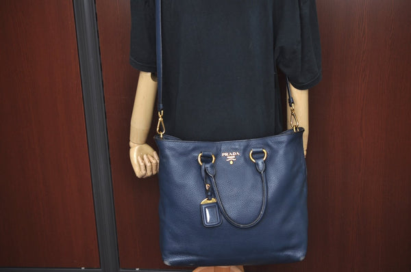 Authentic PRADA Leather 2Way Shoulder Cross Body Hand Bag Navy Blue L0401