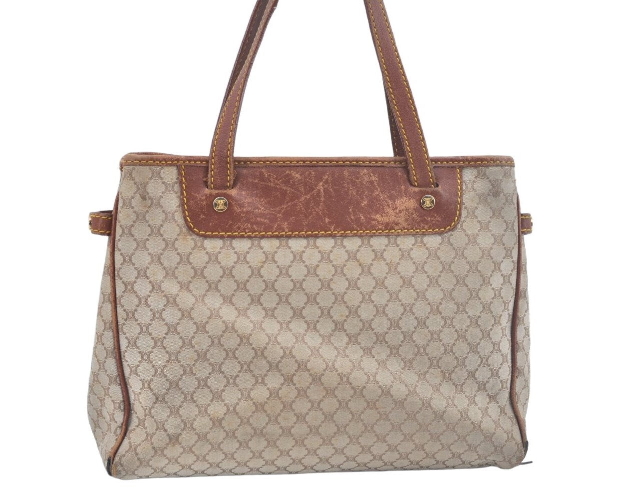 Authentic CELINE Macadam Blason Hand Tote Bag Canvas Leather Beige L0403