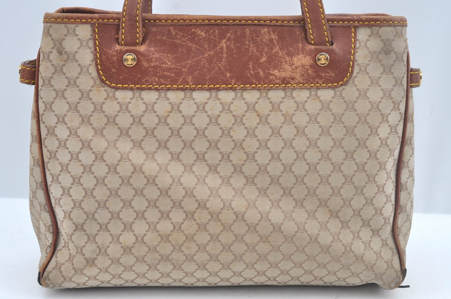 Authentic CELINE Macadam Blason Hand Tote Bag Canvas Leather Beige L0403