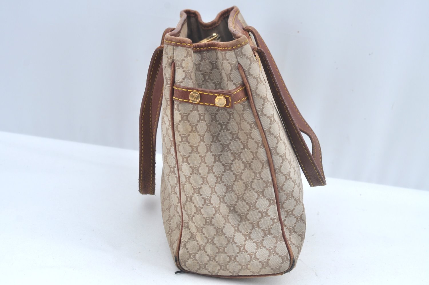 Authentic CELINE Macadam Blason Hand Tote Bag Canvas Leather Beige L0403