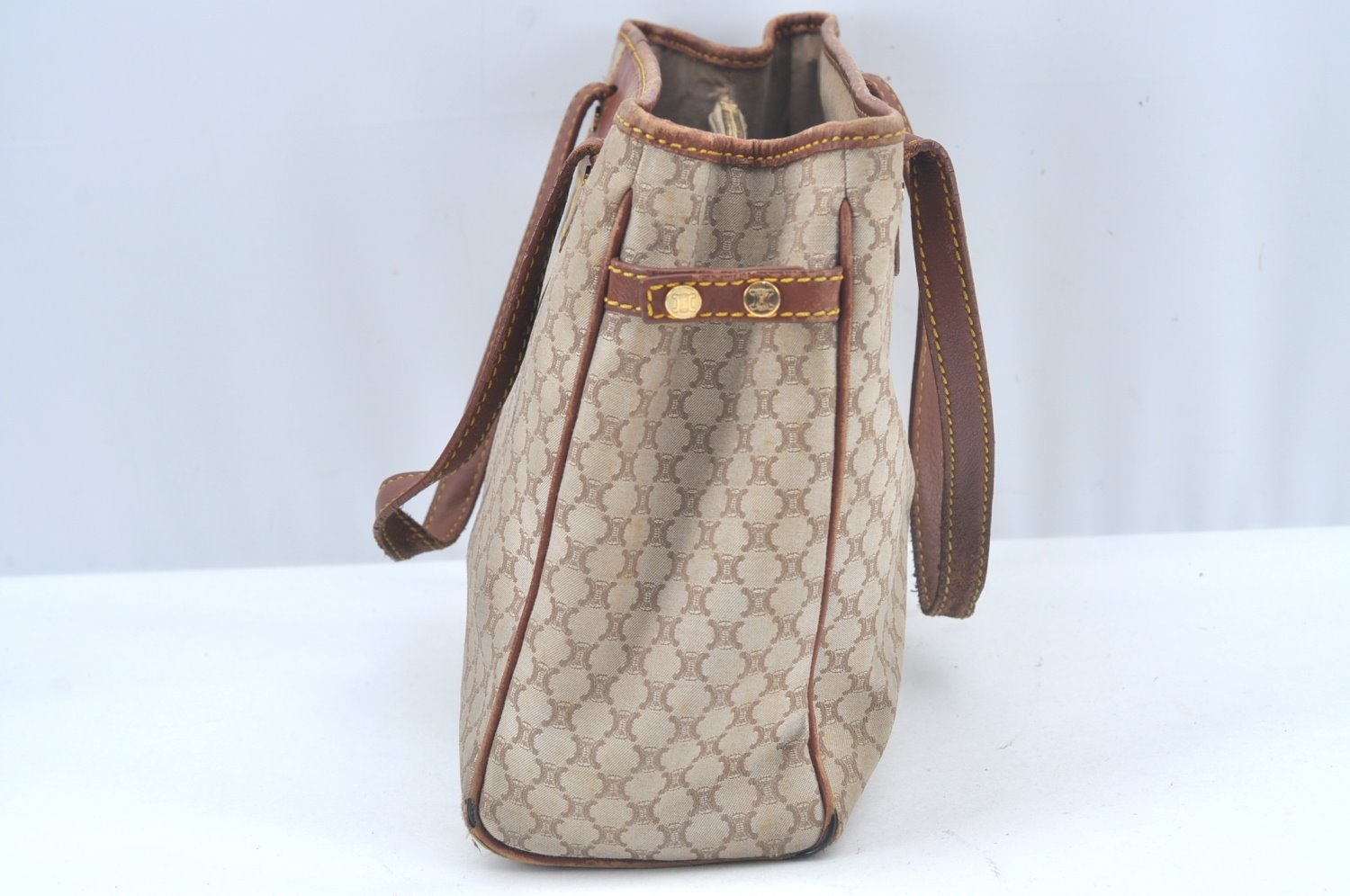 Authentic CELINE Macadam Blason Hand Tote Bag Canvas Leather Beige L0403
