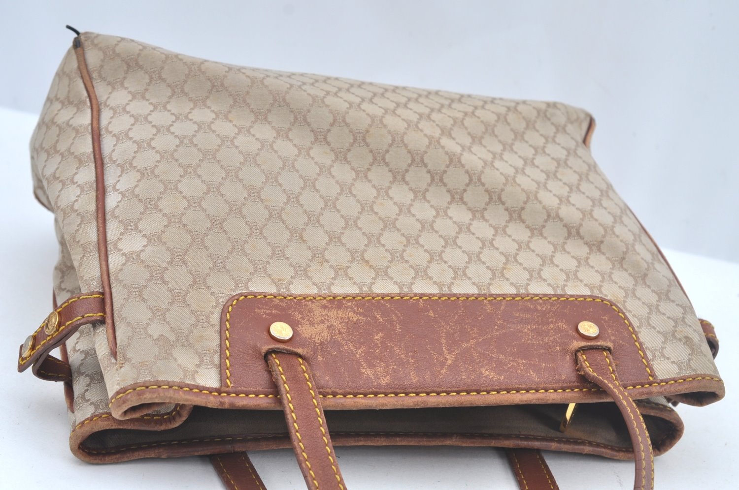 Authentic CELINE Macadam Blason Hand Tote Bag Canvas Leather Beige L0403