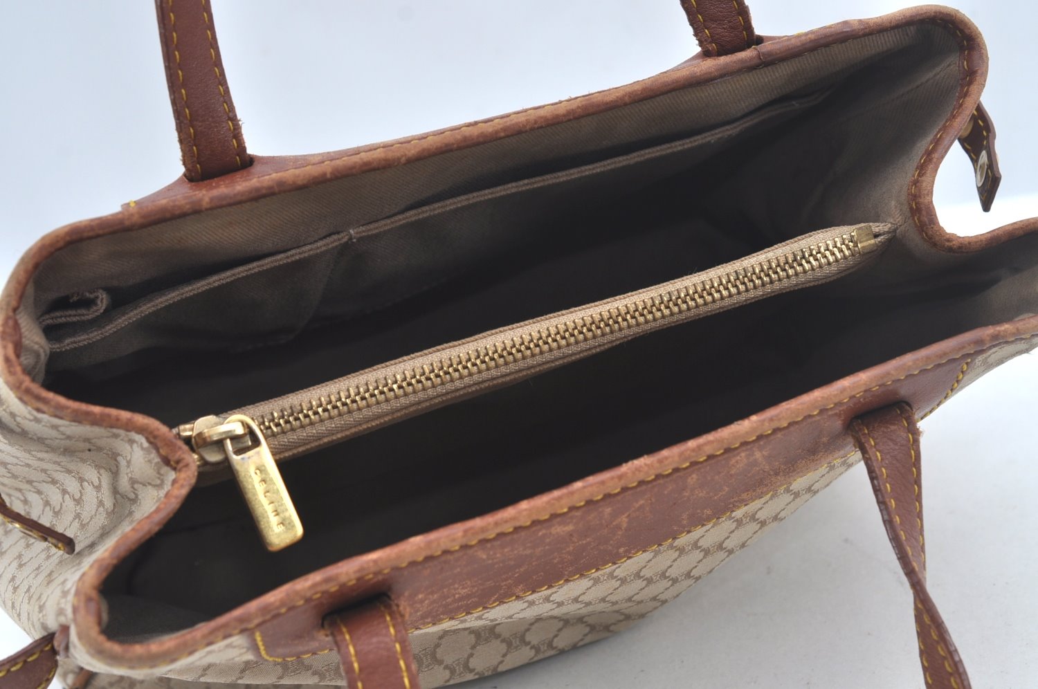 Authentic CELINE Macadam Blason Hand Tote Bag Canvas Leather Beige L0403