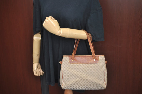 Authentic CELINE Macadam Blason Hand Tote Bag Canvas Leather Beige L0403