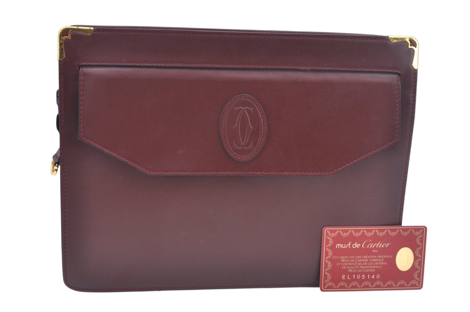 Authentic Cartier Must de Cartier Clutch Bag Leather Bordeaux Red L0411