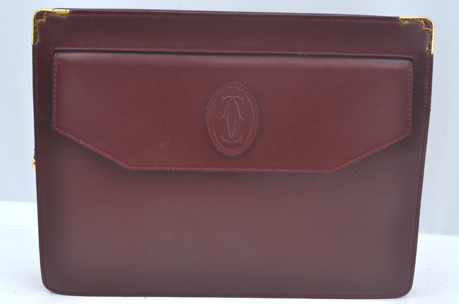 Authentic Cartier Must de Cartier Clutch Bag Leather Bordeaux Red L0411