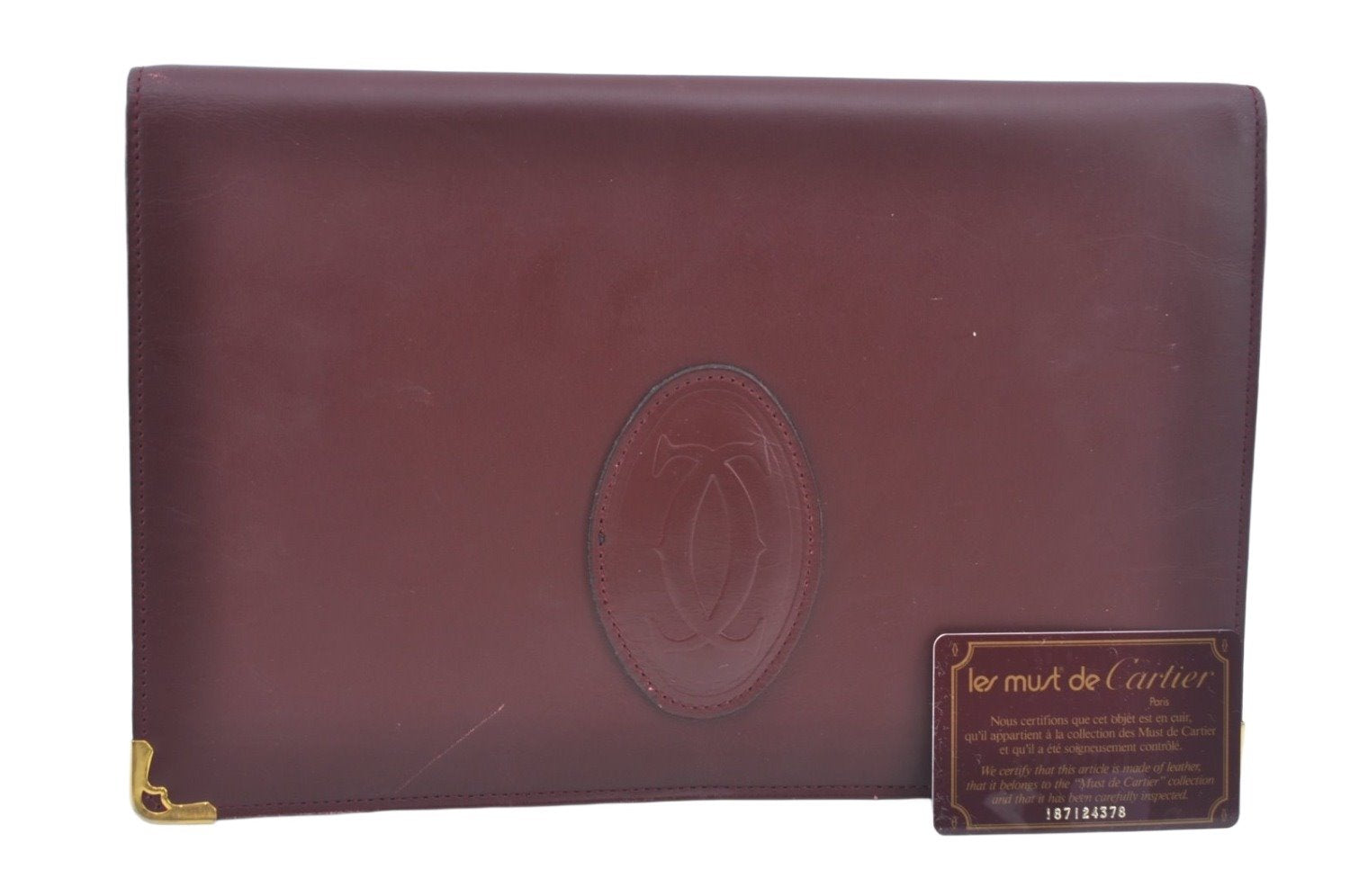 Authentic Cartier Must de Cartier Clutch Bag Purse Leather Bordeaux Red L0412