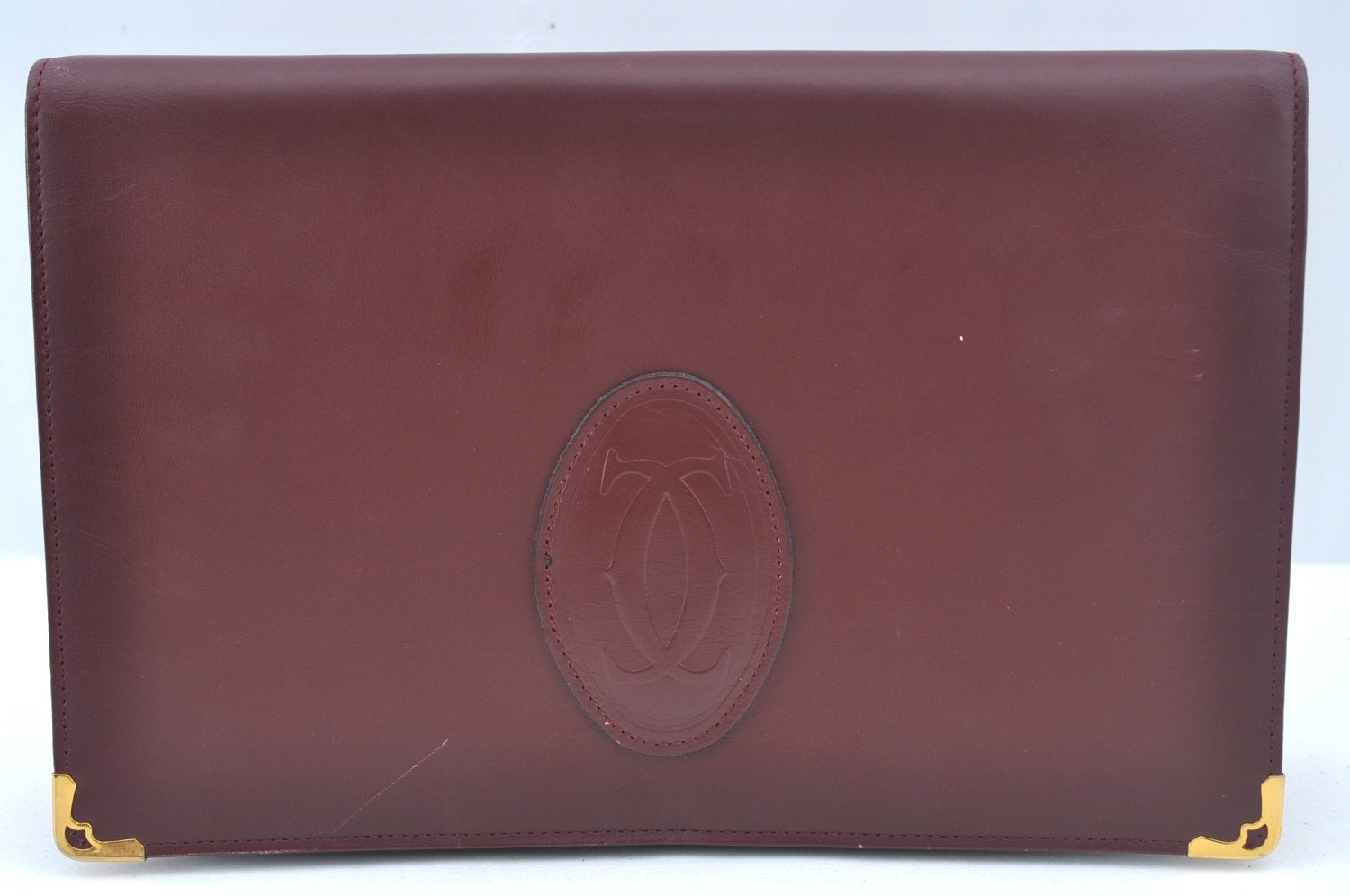 Authentic Cartier Must de Cartier Clutch Bag Purse Leather Bordeaux Red L0412