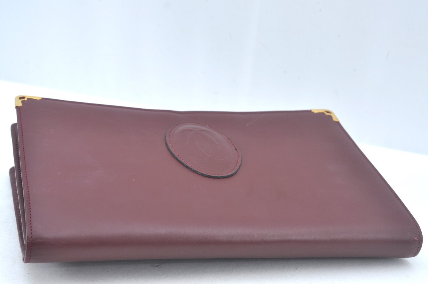 Authentic Cartier Must de Cartier Clutch Bag Purse Leather Bordeaux Red L0412