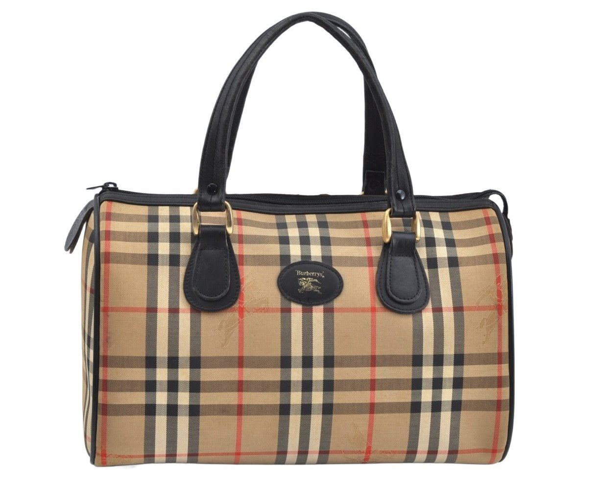 Authentic Burberrys Nova Check Canvas Leather Hand Boston Bag Brown Beige L0414