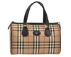Authentic Burberrys Nova Check Canvas Leather Hand Boston Bag Brown Beige L0414
